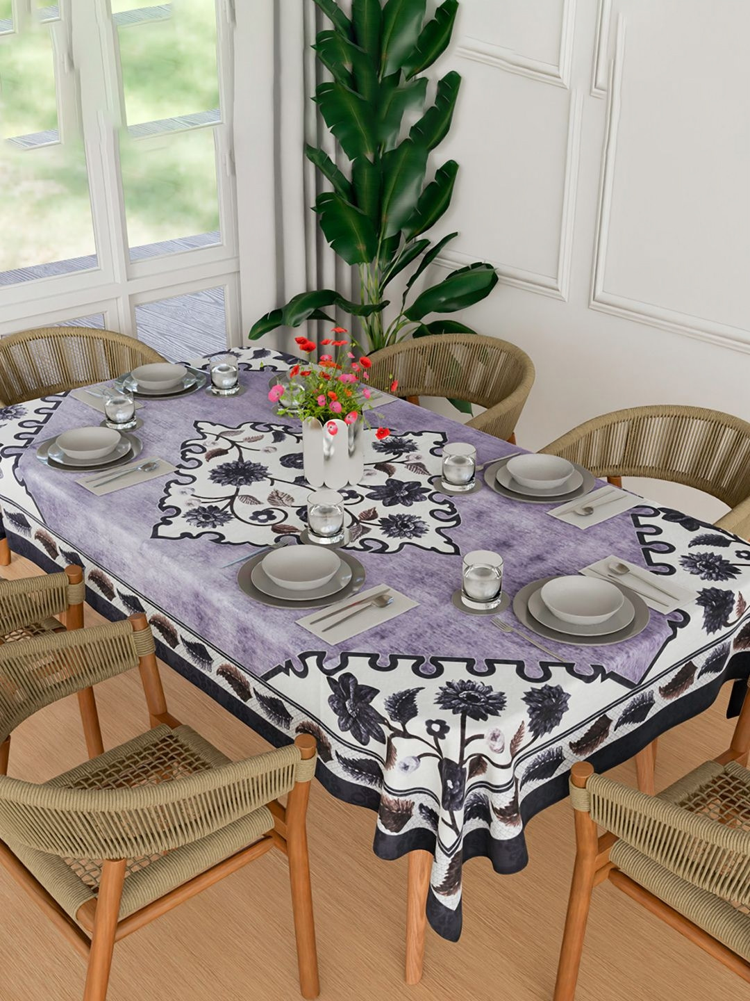 

Kuber Industries White & Grey Floral Printed Anti Skid Cotton Rectangle Table Cover