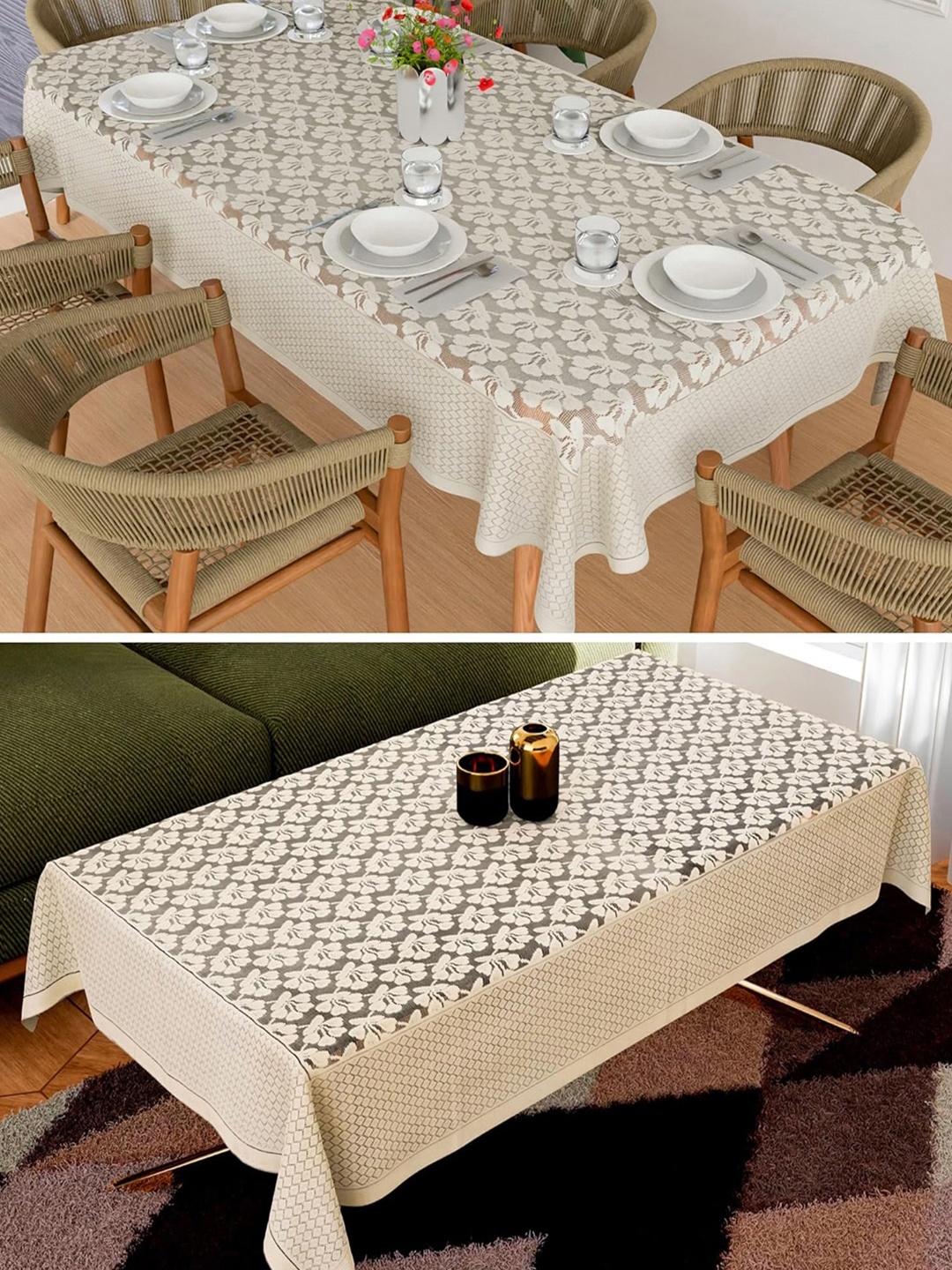 

Kuber Industries Cream 2 Pieces Floral Embroidered Anti Skid Cotton Rectangle Table Covers