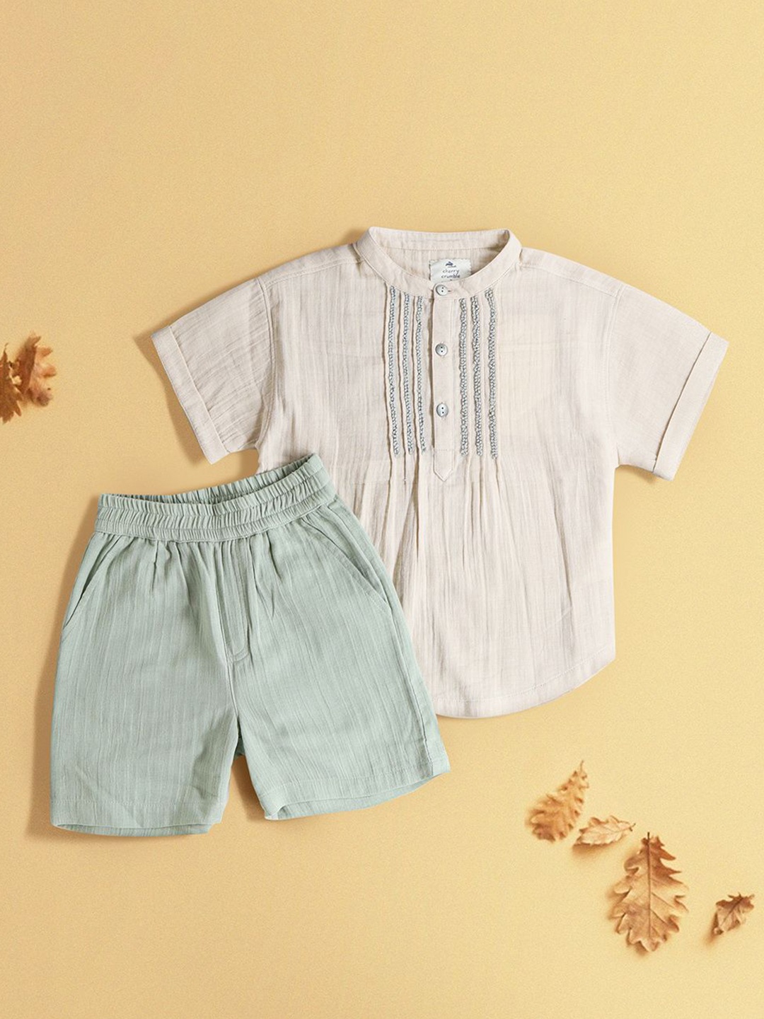 

Cherry Crumble Boys Self Design Mandarin Collar Pure Cotton Top With Shorts, Cream