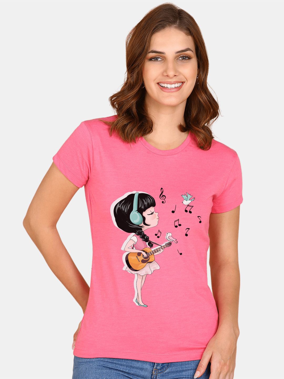 

Wyld Sprog Women Printed Extended Sleeves Pure Cotton T-shirt, Pink