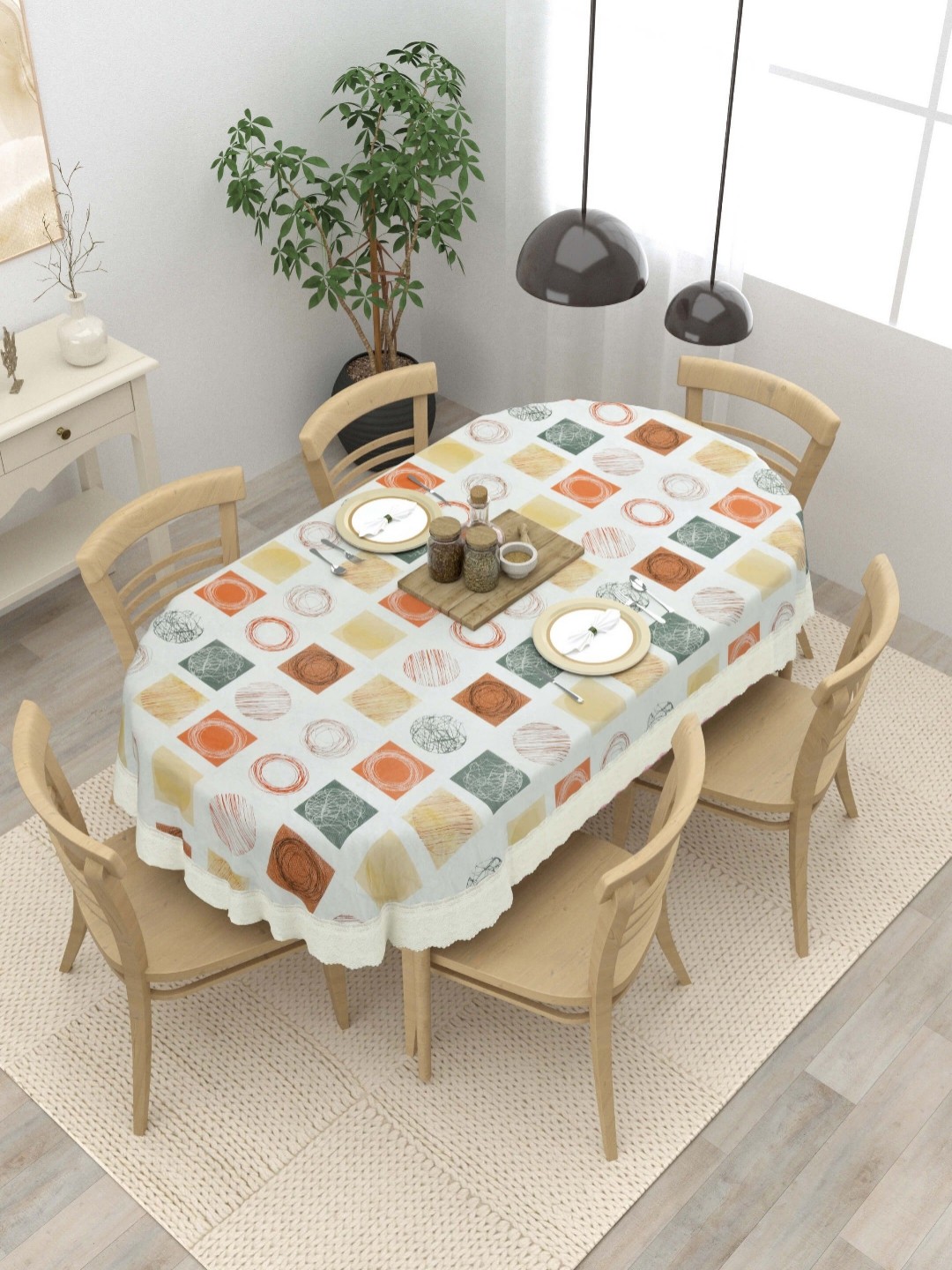 

Clasiko White Geometric Printed Anti-Slip Oval 6-Seater Table Cover