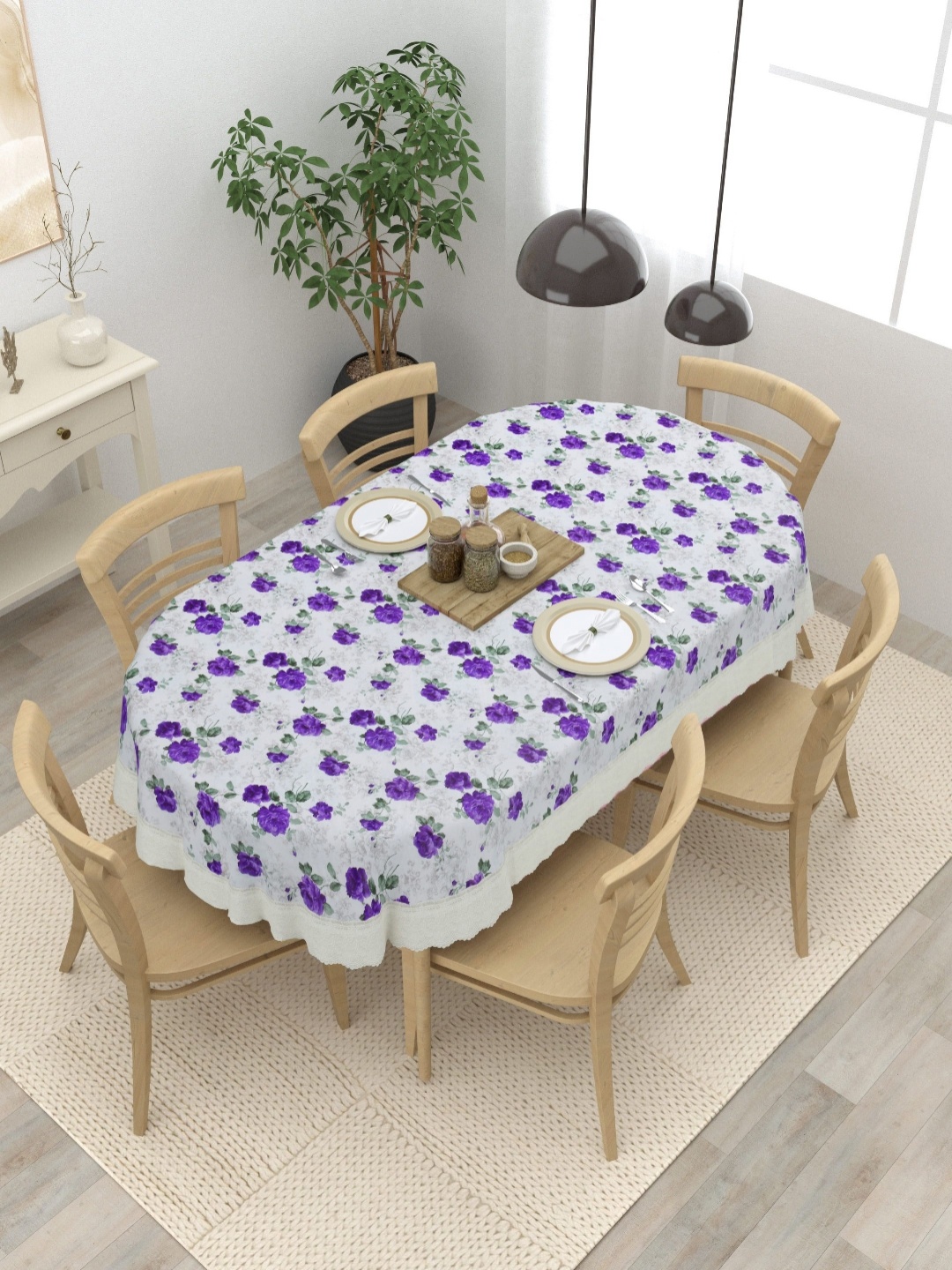 

Clasiko Purple Floral Printed Anti-Slip Oval 6-Seater Table Cover
