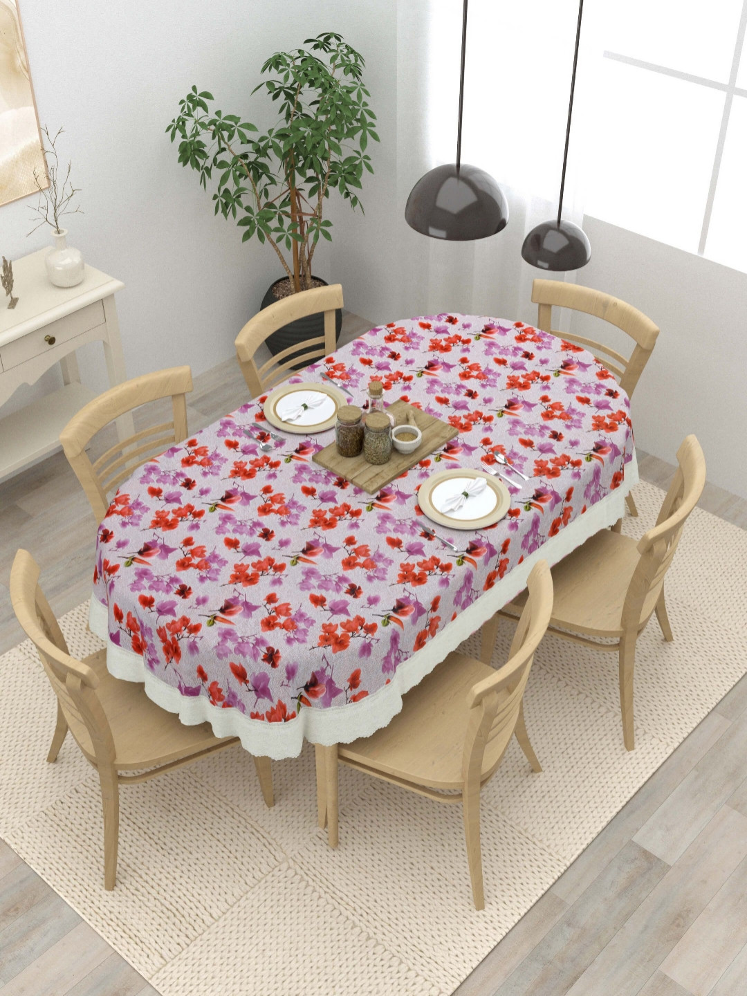 

Clasiko Purple Floral Printed Anti-Slip Oval 6-Seater Table Cover
