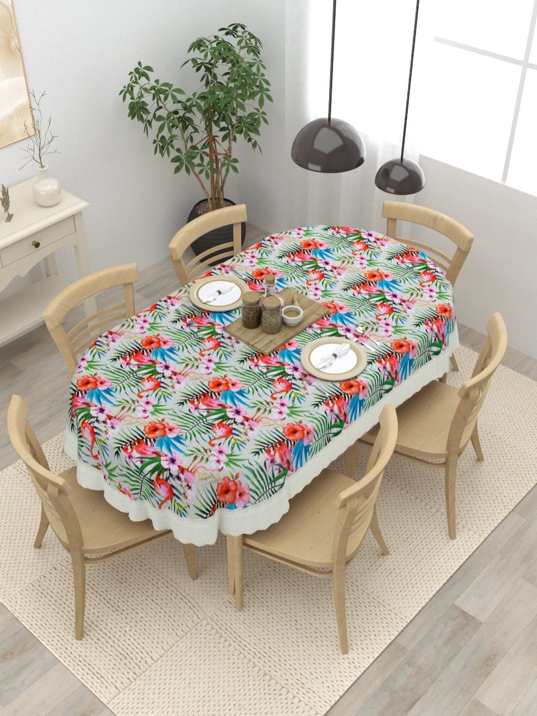 

Clasiko Green Floral Printed Anti-Slip Oval 6-Seater Table Cover