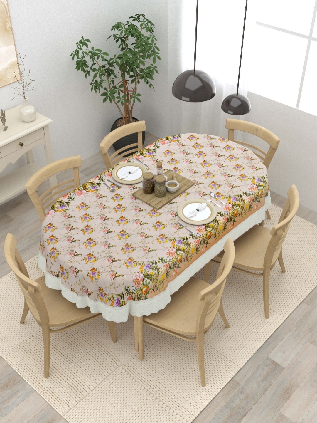 

Clasiko Peach & Purple Floral Printed Anti-Slip Oval 6-Seater Table Cover