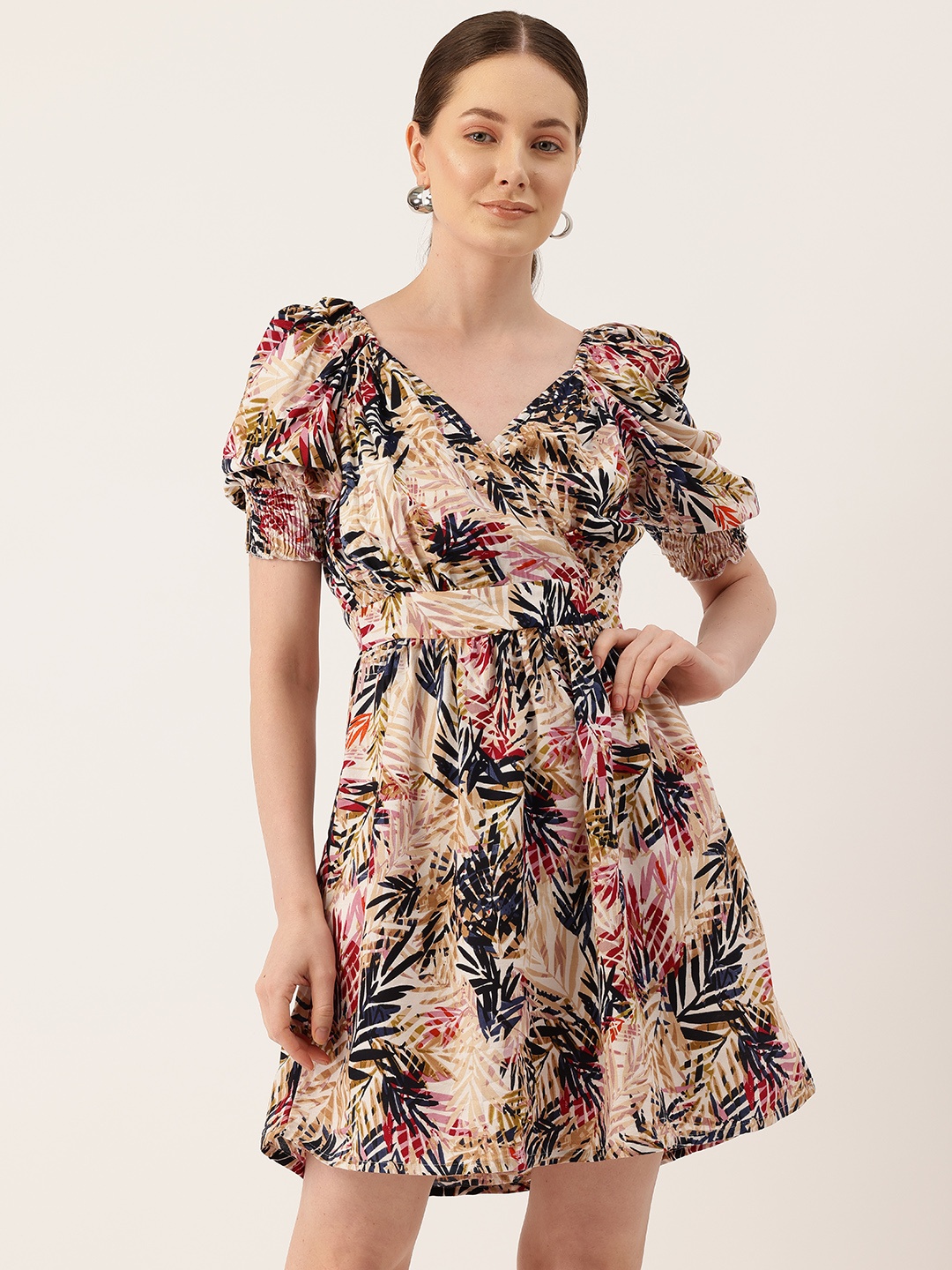 

FERANOID Tropical Print Puff Sleeve Dress, White