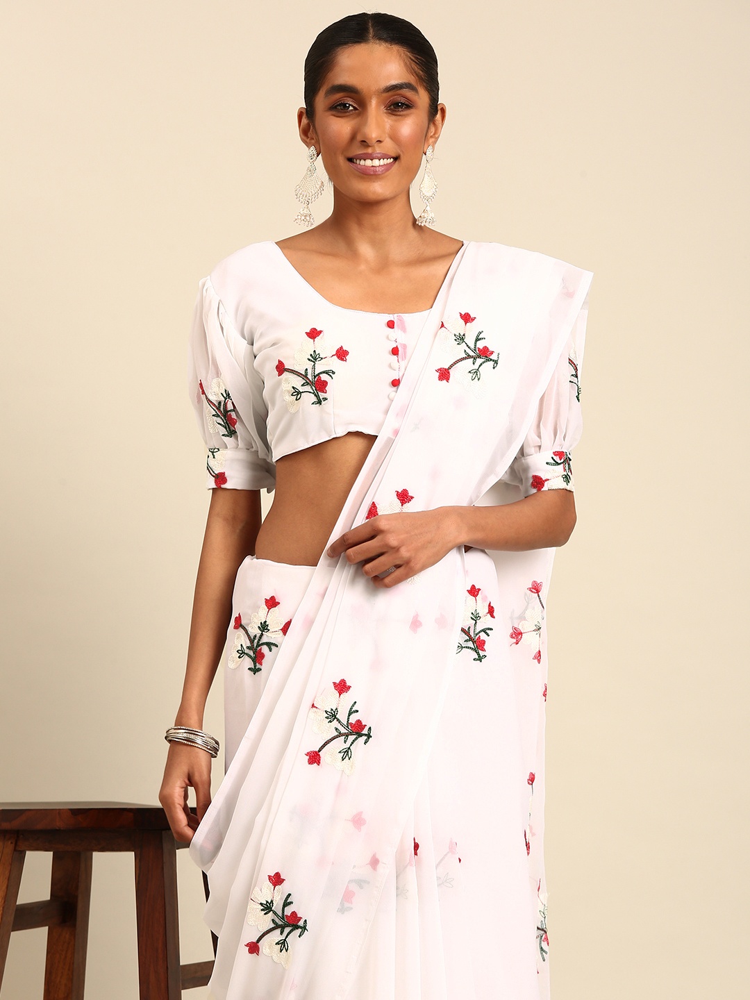 

Ironic Creation Floral Embroidered Pure Georgette Saree, White