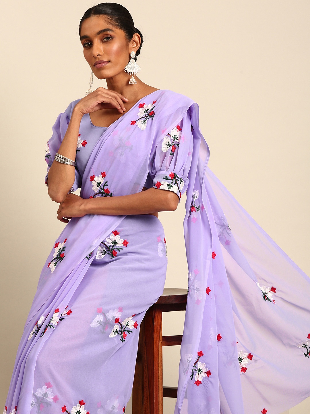 

Ironic Creation Floral Embroidered Pure Georgette Saree, Lavender