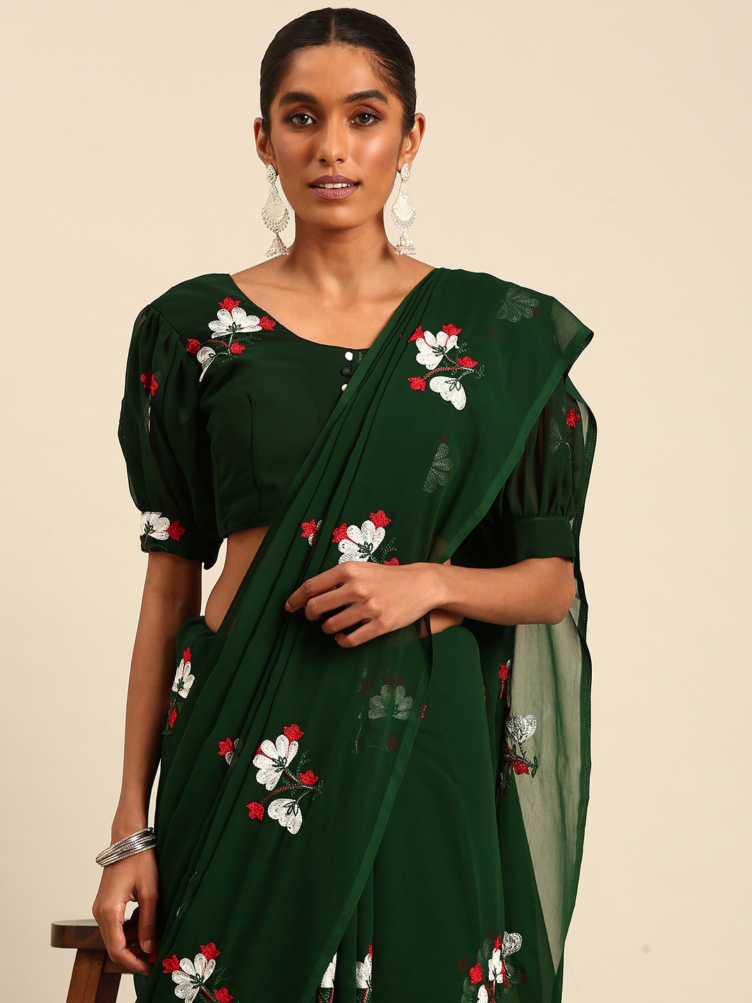 

Ironic Creation Floral Embroidered Pure Georgette Saree, Green