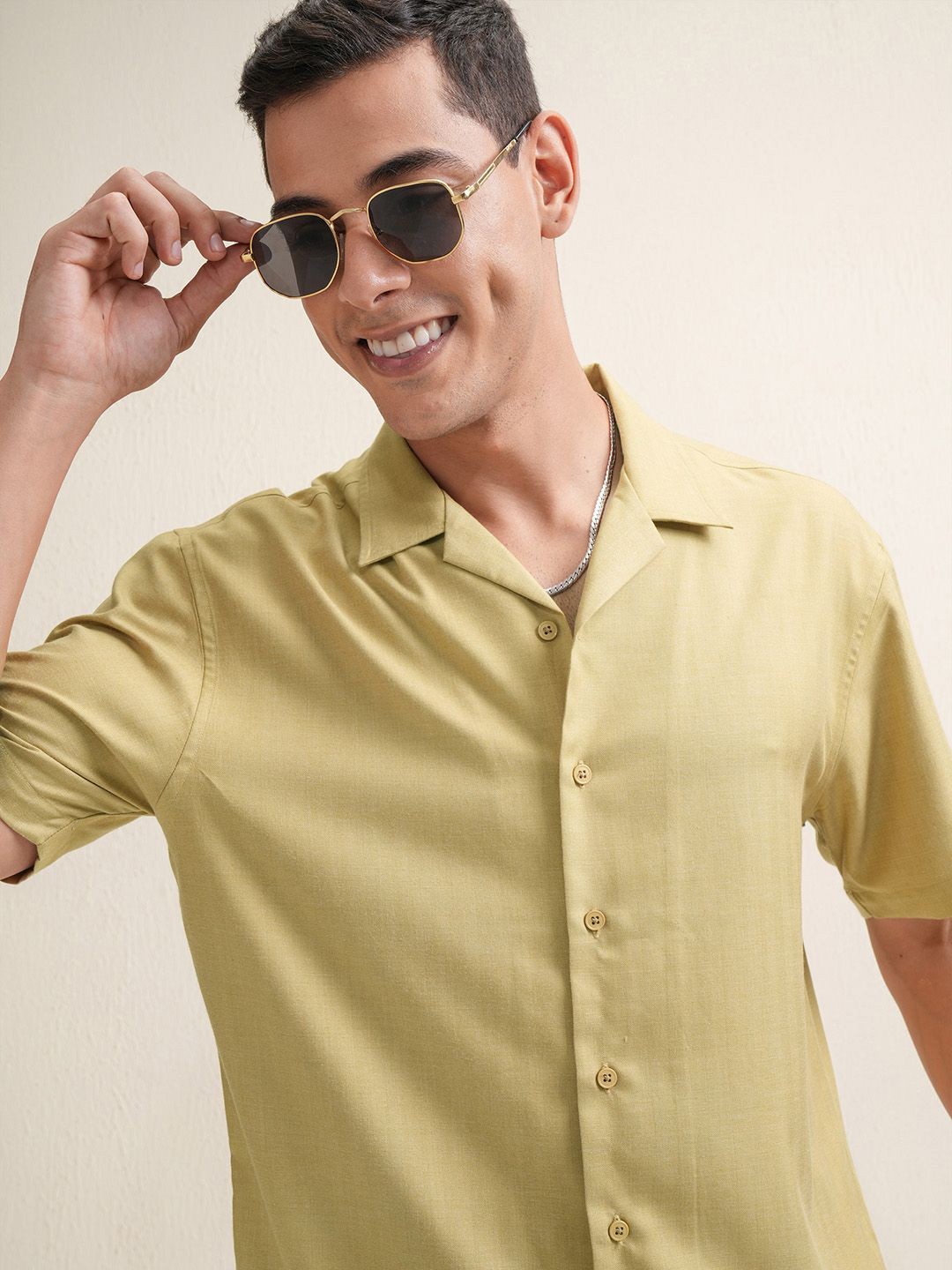 

LOCOMOTIVE Premium Men Cuban Collar Relaxed Fit Casual Shirt, Mustard