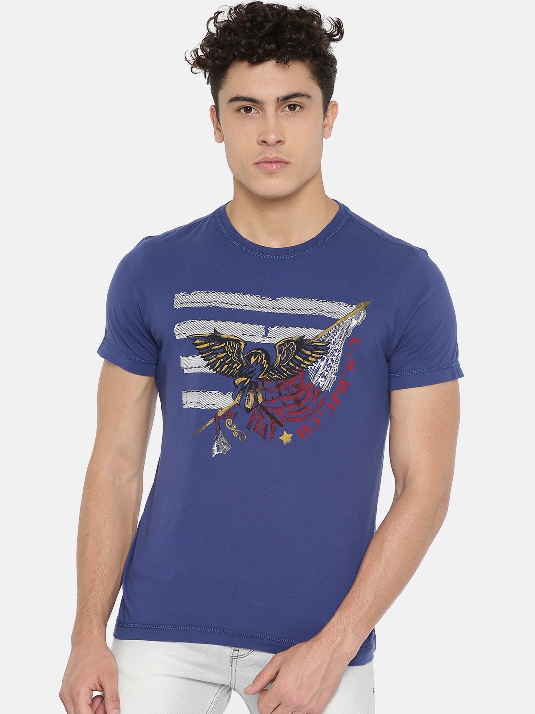 

Arrow Blue Jean Co. Men Blue Printed Round Neck T-shirt