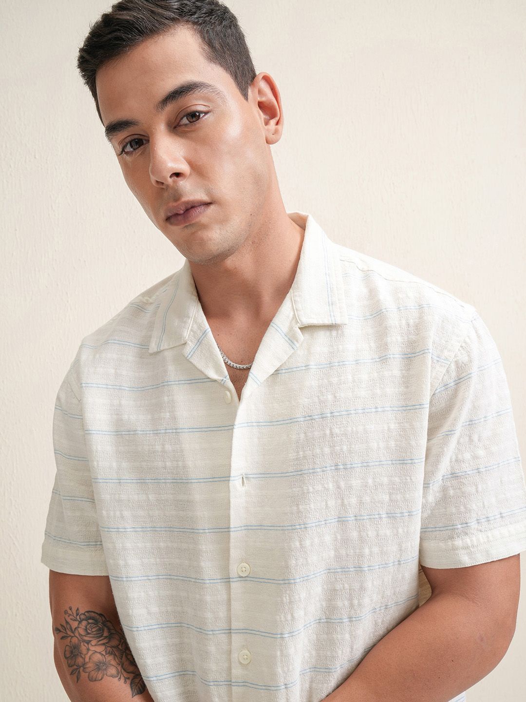

LOCOMOTIVE Premium Men Dobby Textured Striped Cuban Collar Relaxed Fit Casual Shirt, Cream