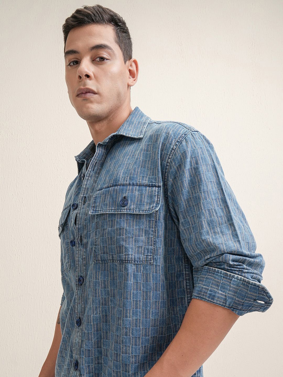 

LOCOMOTIVE Premium Men Dobby Textured Checked Casual Oversized Shirt, Navy blue