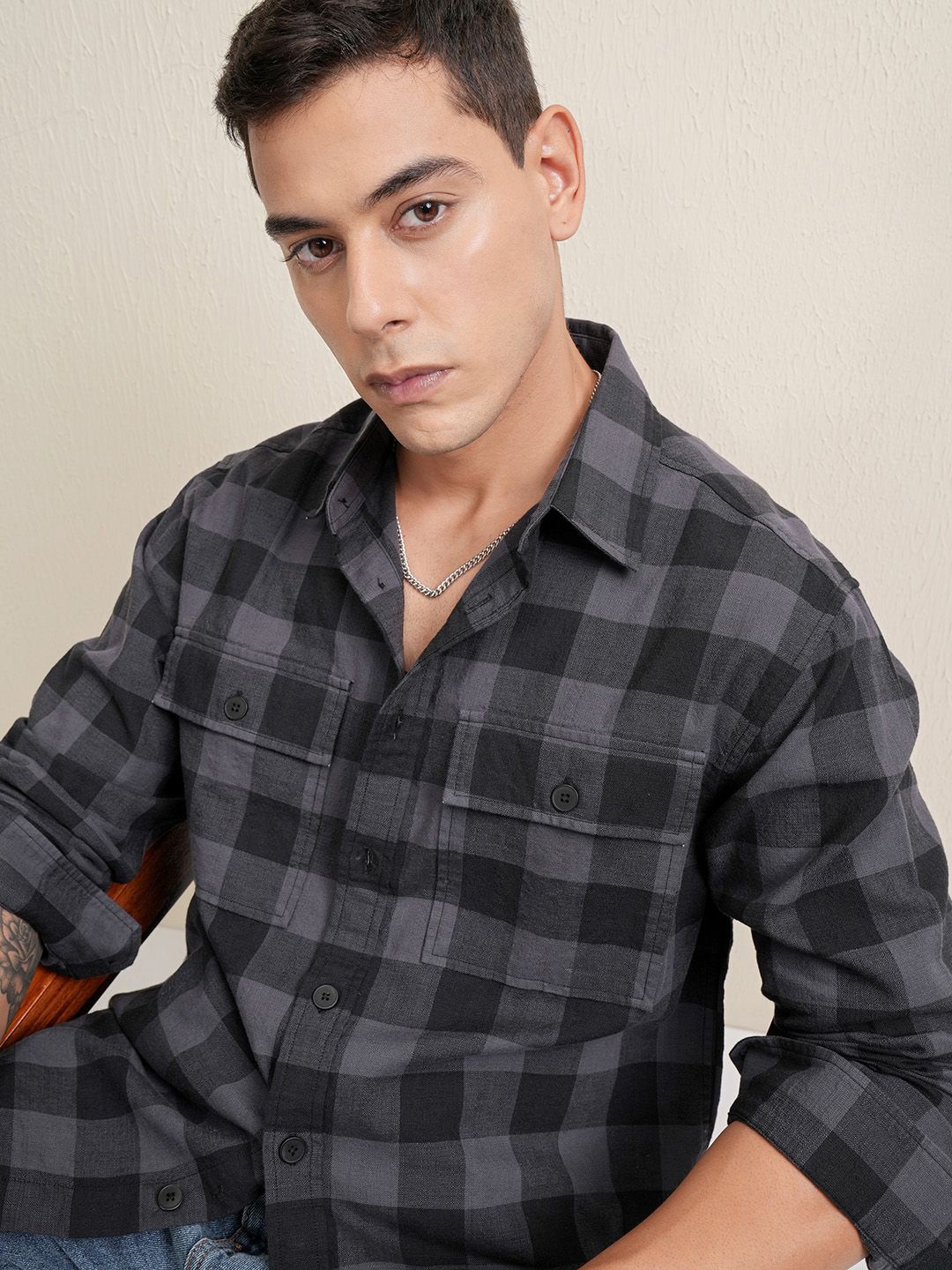 

LOCOMOTIVE Premium Men Dobby Textured Buffalo Checks Oversized Casual Shirt, Grey