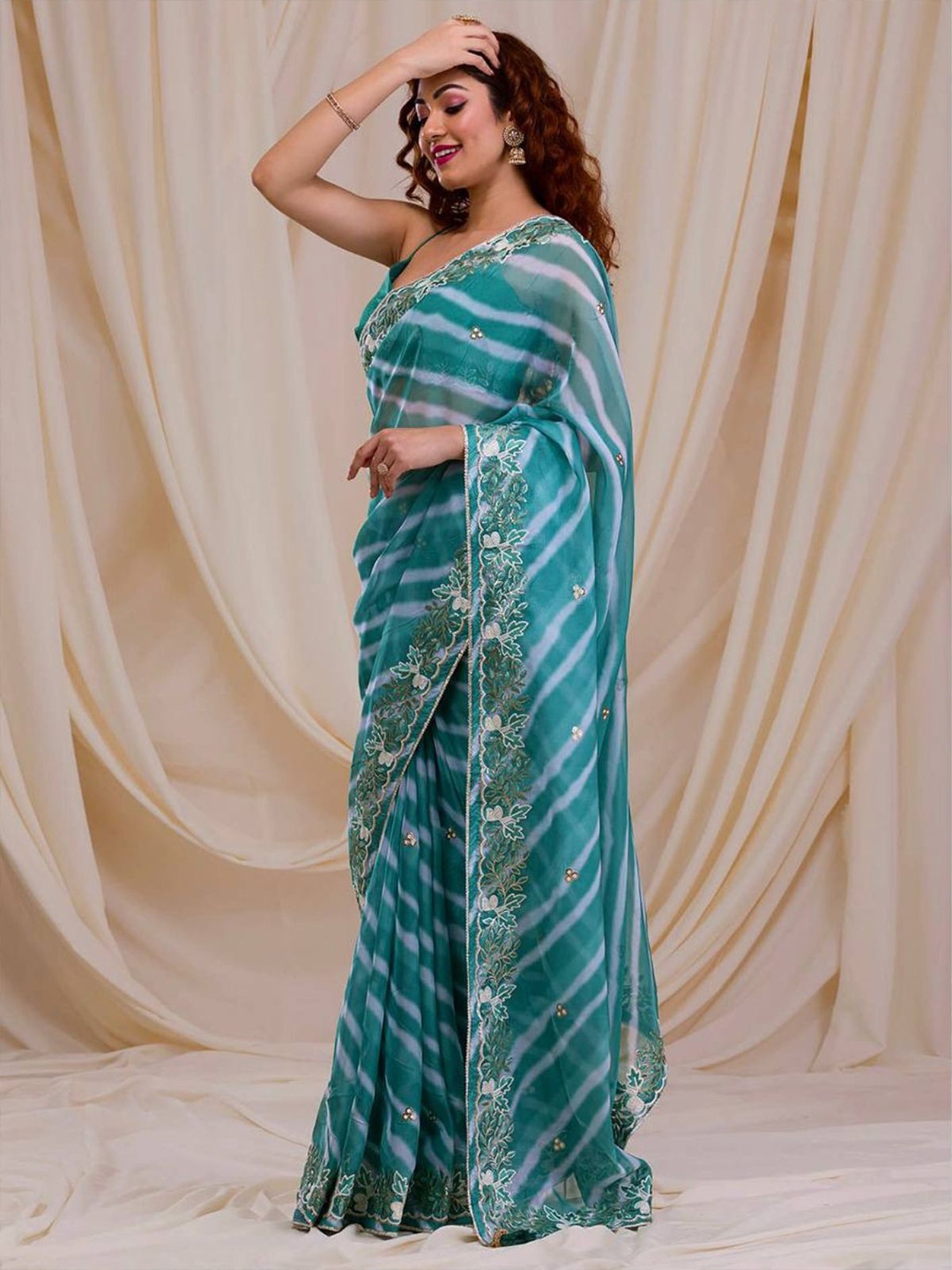 

ODETTE Striped Embroidered Banarasi Saree, Blue
