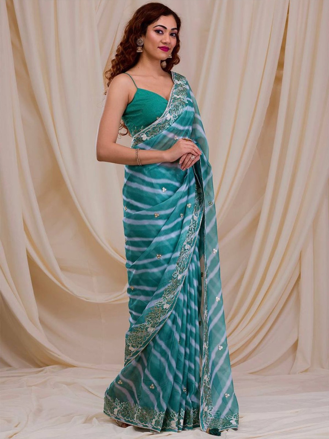 

ODETTE Striped Embroidered Saree, Sea green