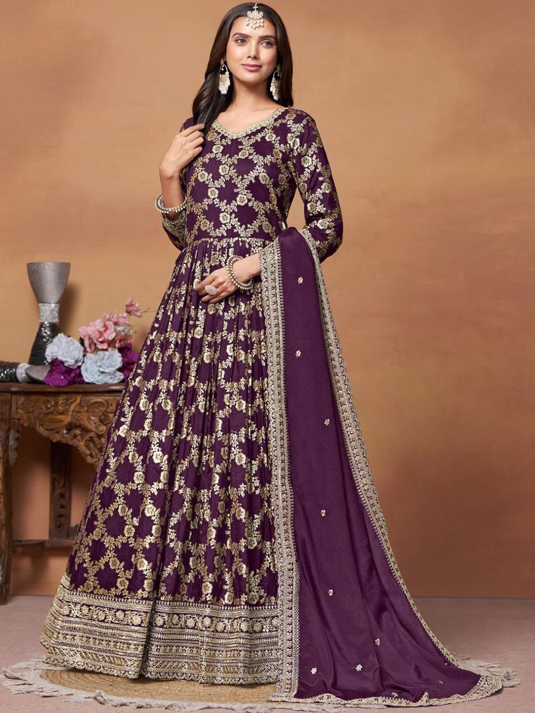 

ODETTE Floral Embroidered V-Neck A-Line Ethnic Dresse, Purple