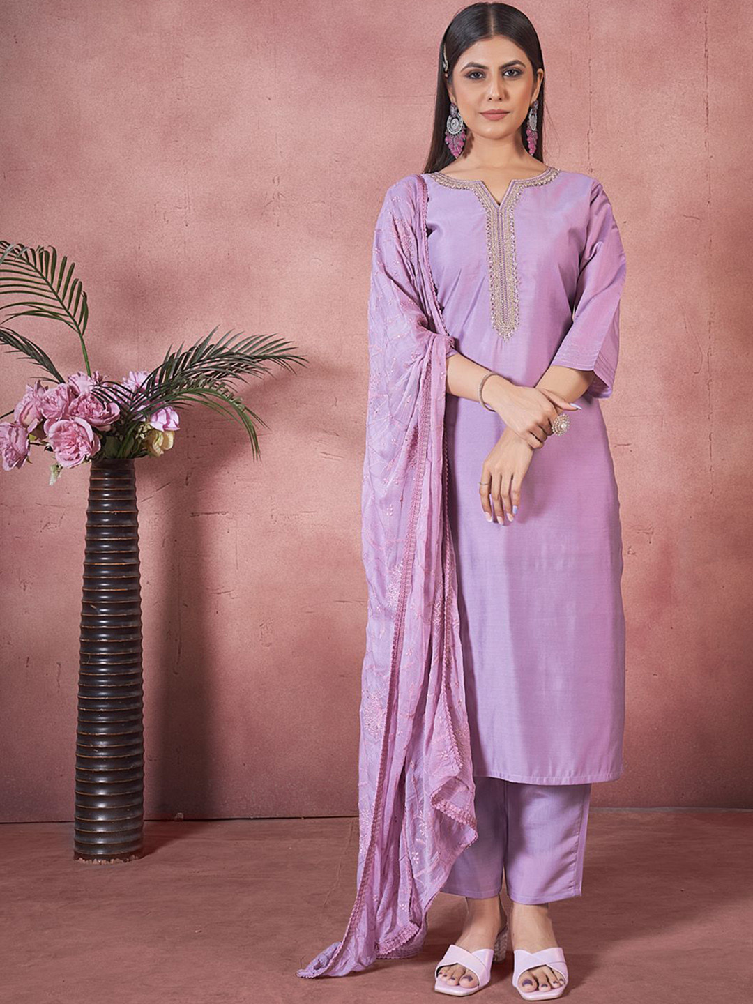 

STYLE SAMSARA Floral Embroidered Beads and Stones Straight Kurta with Trousers & Dupatta, Lavender