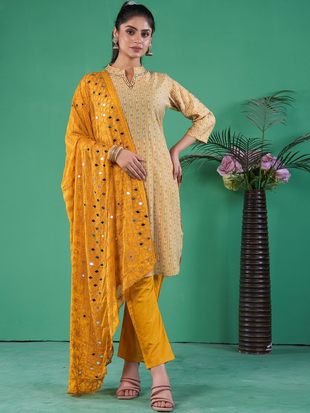 

STYLE SAMSARA Geometric Printed Mandarin Collar Mirror Work Kurta with Trousers & Dupatta, Mustard