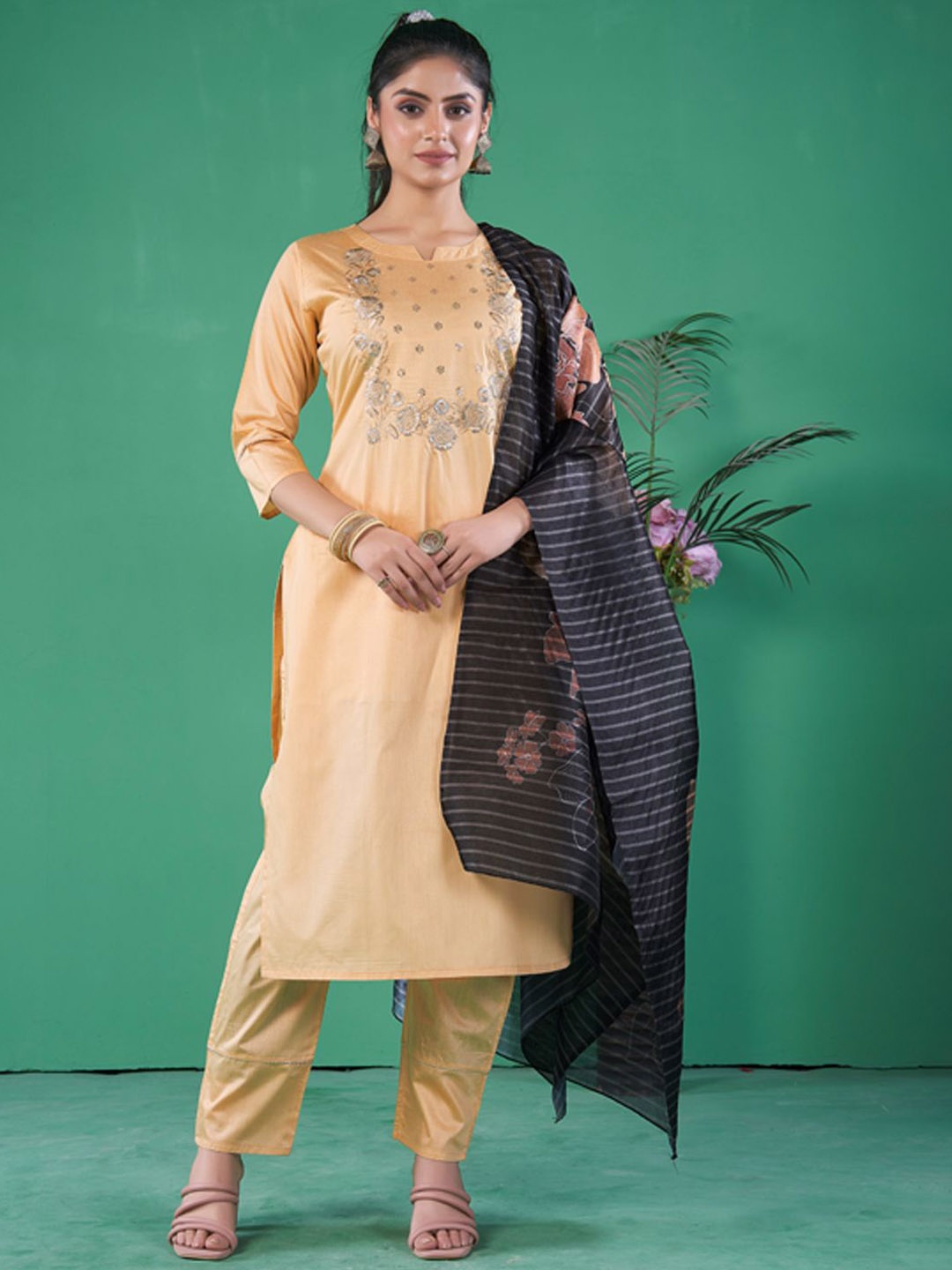 

STYLE SAMSARA Floral Embroidered Straight Kurta with Trousers & Dupatta, Beige