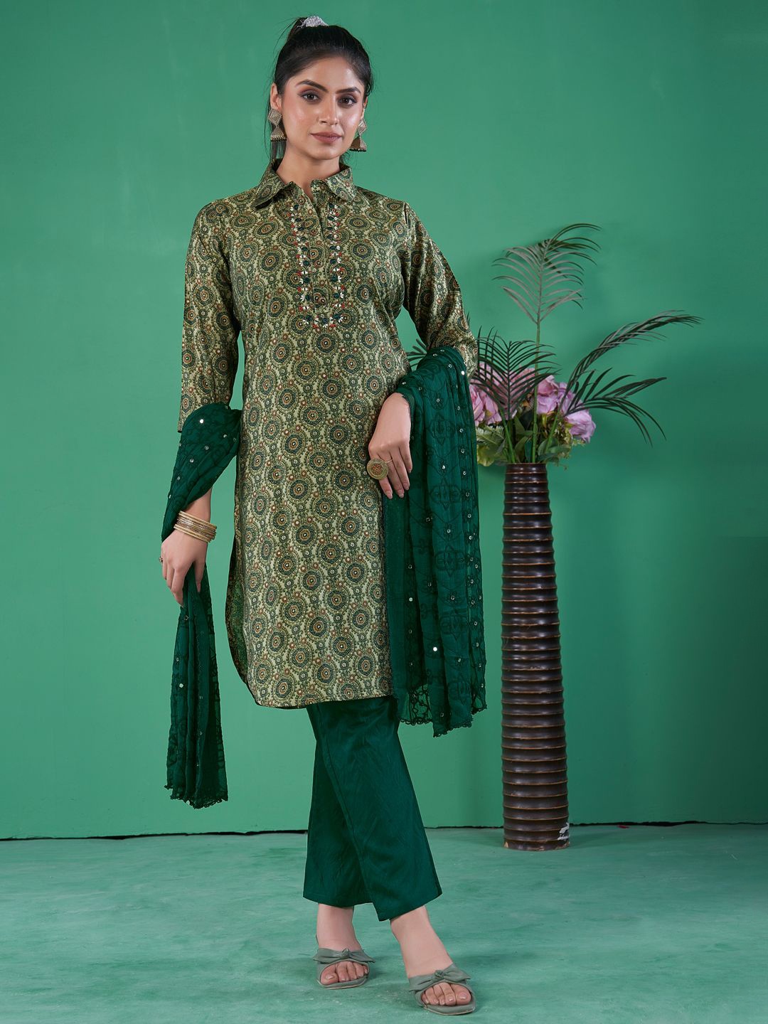 

STYLE SAMSARA Ethnic Motifs Printed Shirt Collar Mirror Work Kurta with Trousers & Dupatta, Green