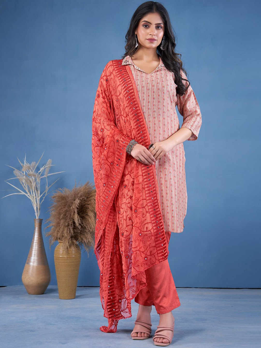 

STYLE SAMSARA Striped Shirt Collar Mirror Work Straight Kurta with Trousers & Dupatta, Peach