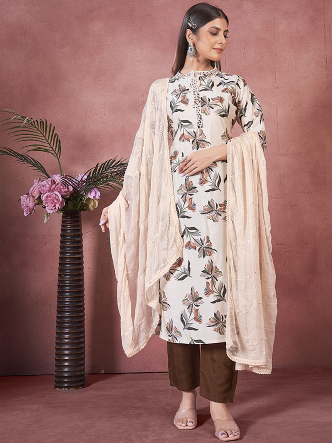 

STYLE SAMSARA Floral Printed Mandarin Collar Mirror Work Kurta with Trousers & Dupatta, Beige