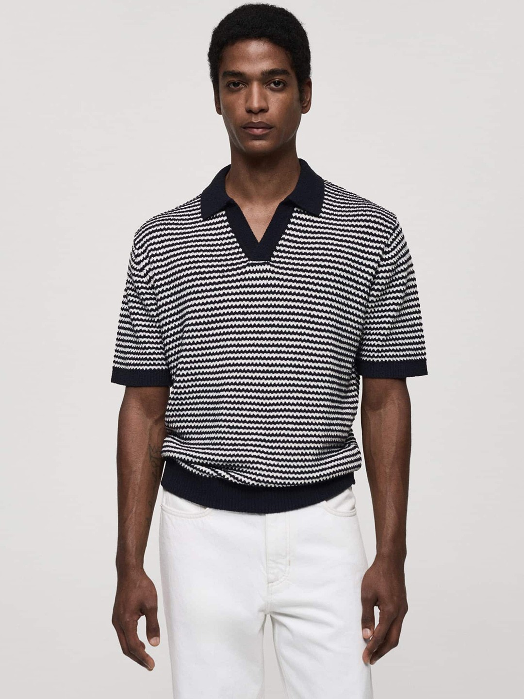 

MANGO MAN Striped Polo Collar Knit T-shirt, Navy blue