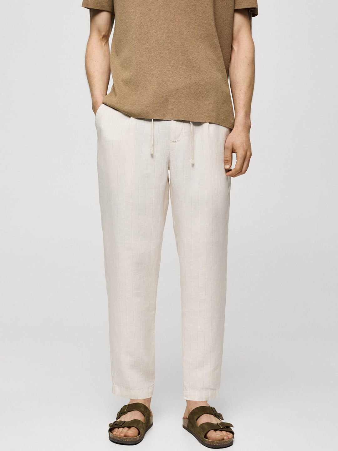 

MANGO MAN Self-Striped Pure Linen Trousers, Off white