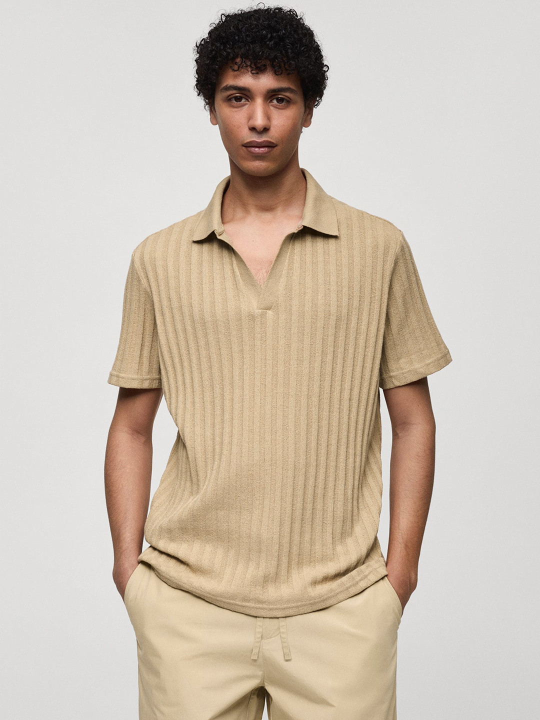 

MANGO MAN Ribbed Polo Collar T-shirt, Beige