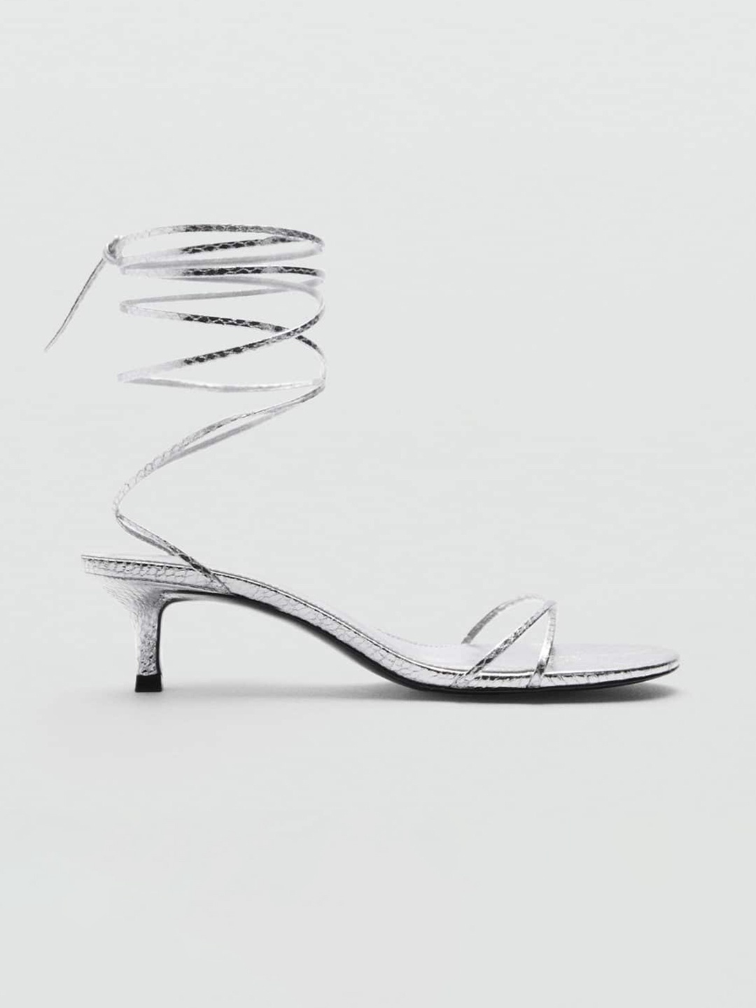 

MANGO Open Toe Lace-Up Kitten Heels, Silver
