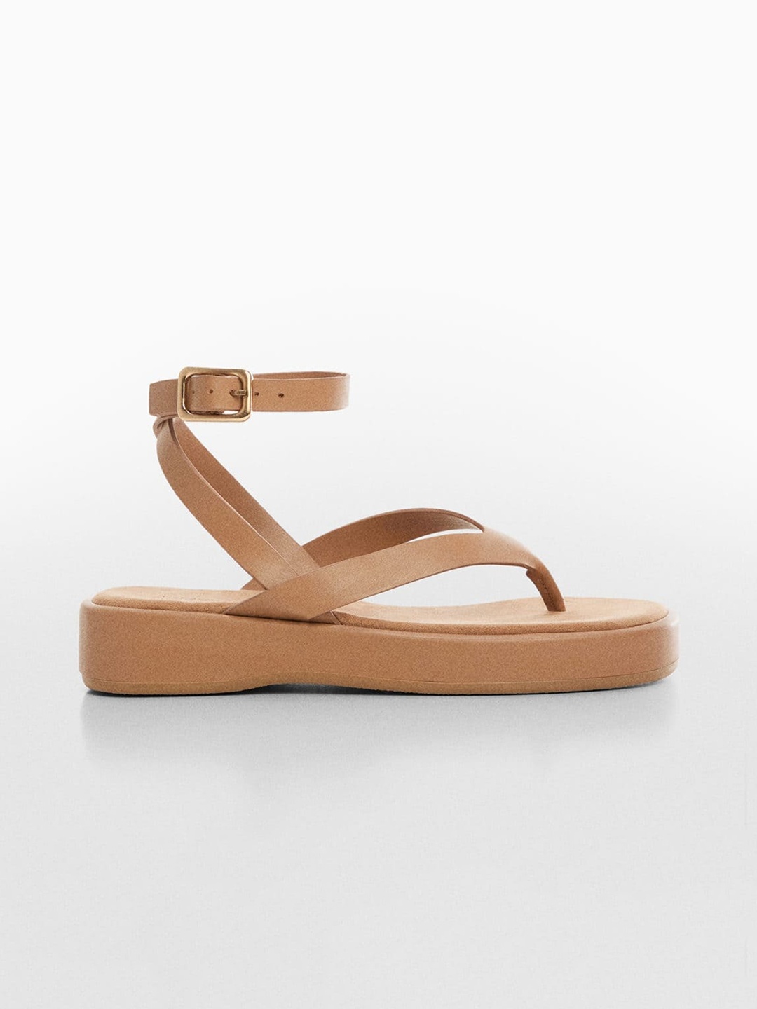 

MANGO Women Mid-Top Open Toe Flats With Buckle Detail, Brown