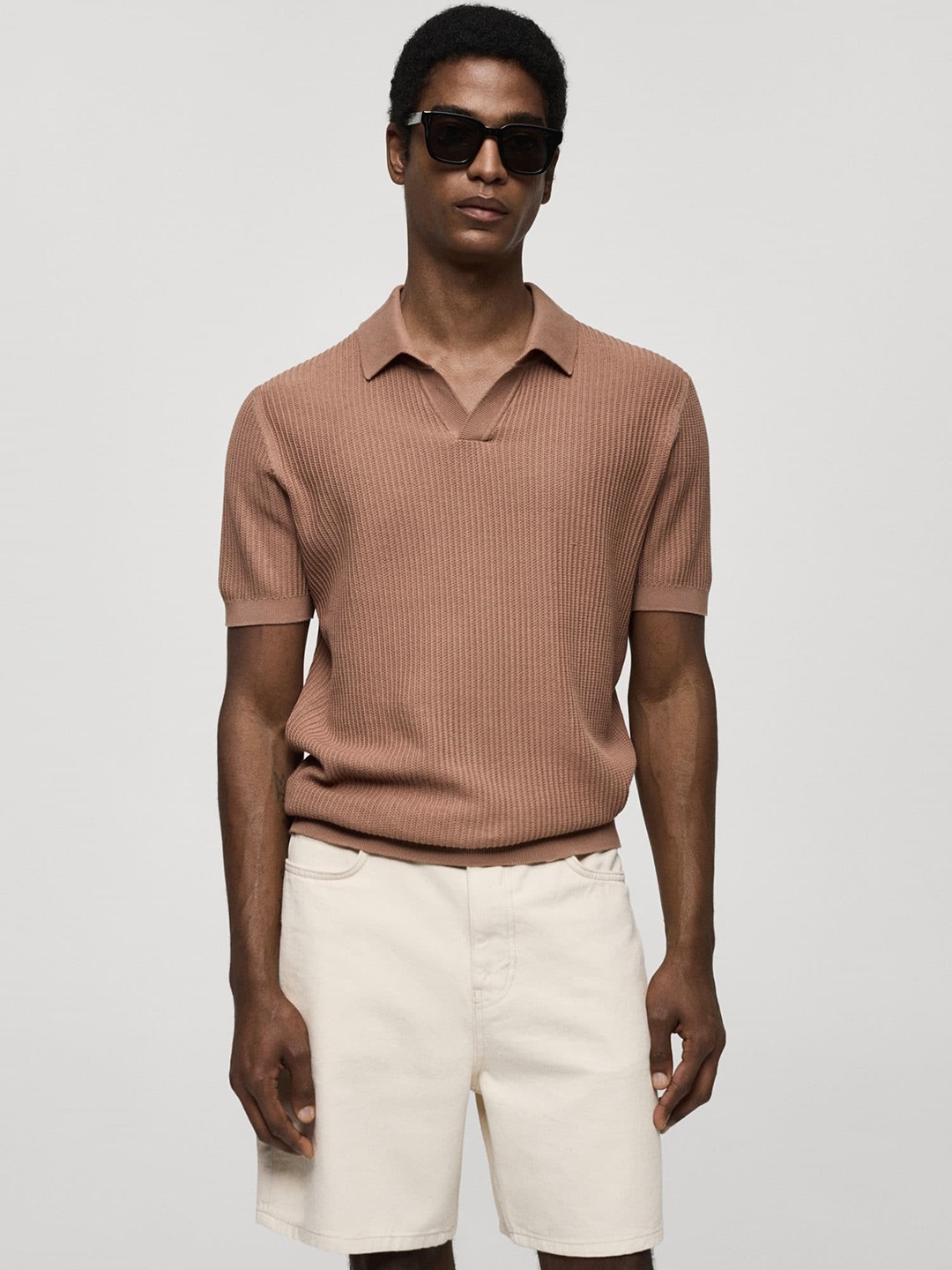 

MANGO MAN Ribbed Polo Collar Pure Cotton T-shirt, Mauve