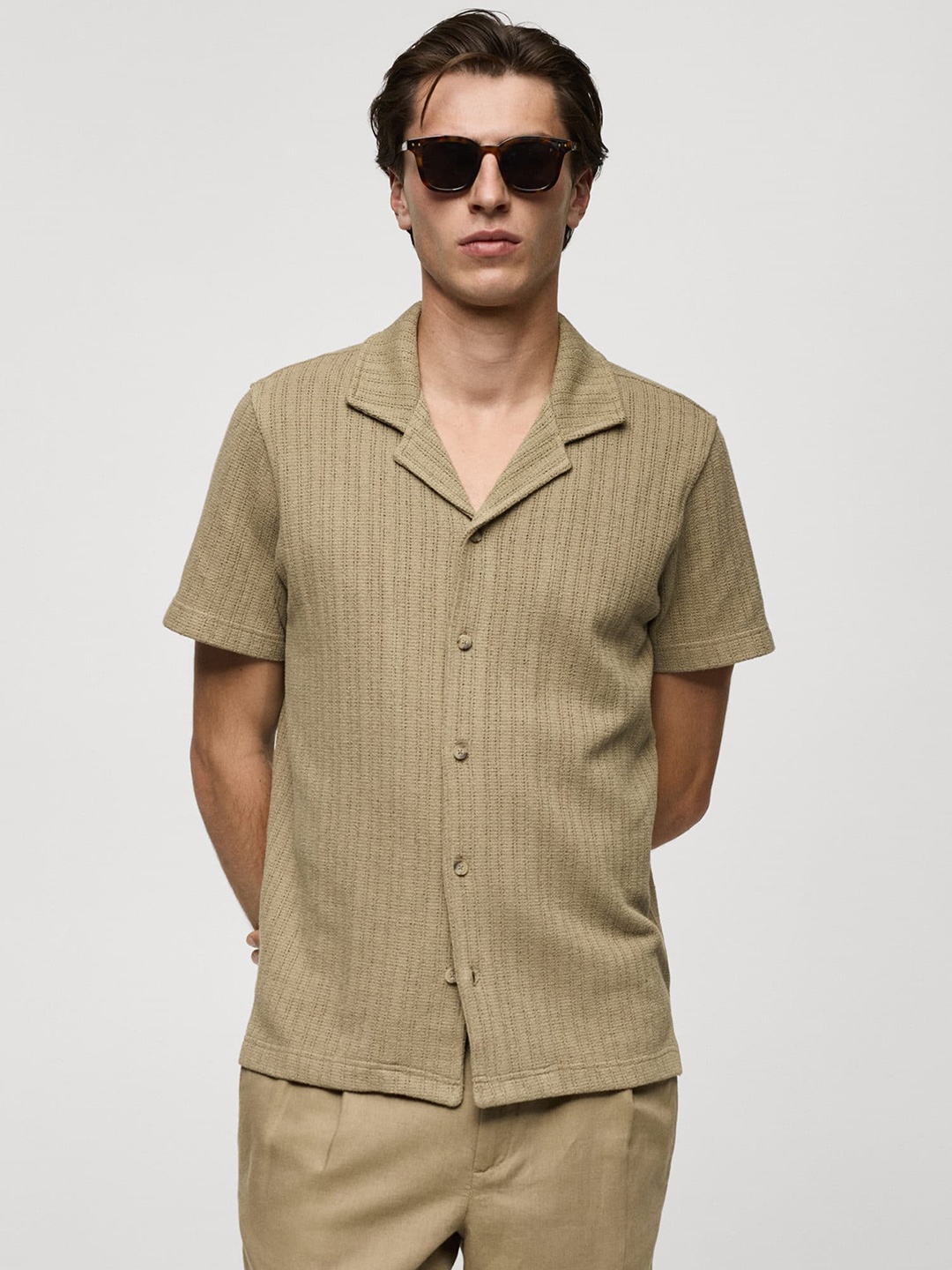 

MANGO MAN Open Knit Casual Shirt, Olive