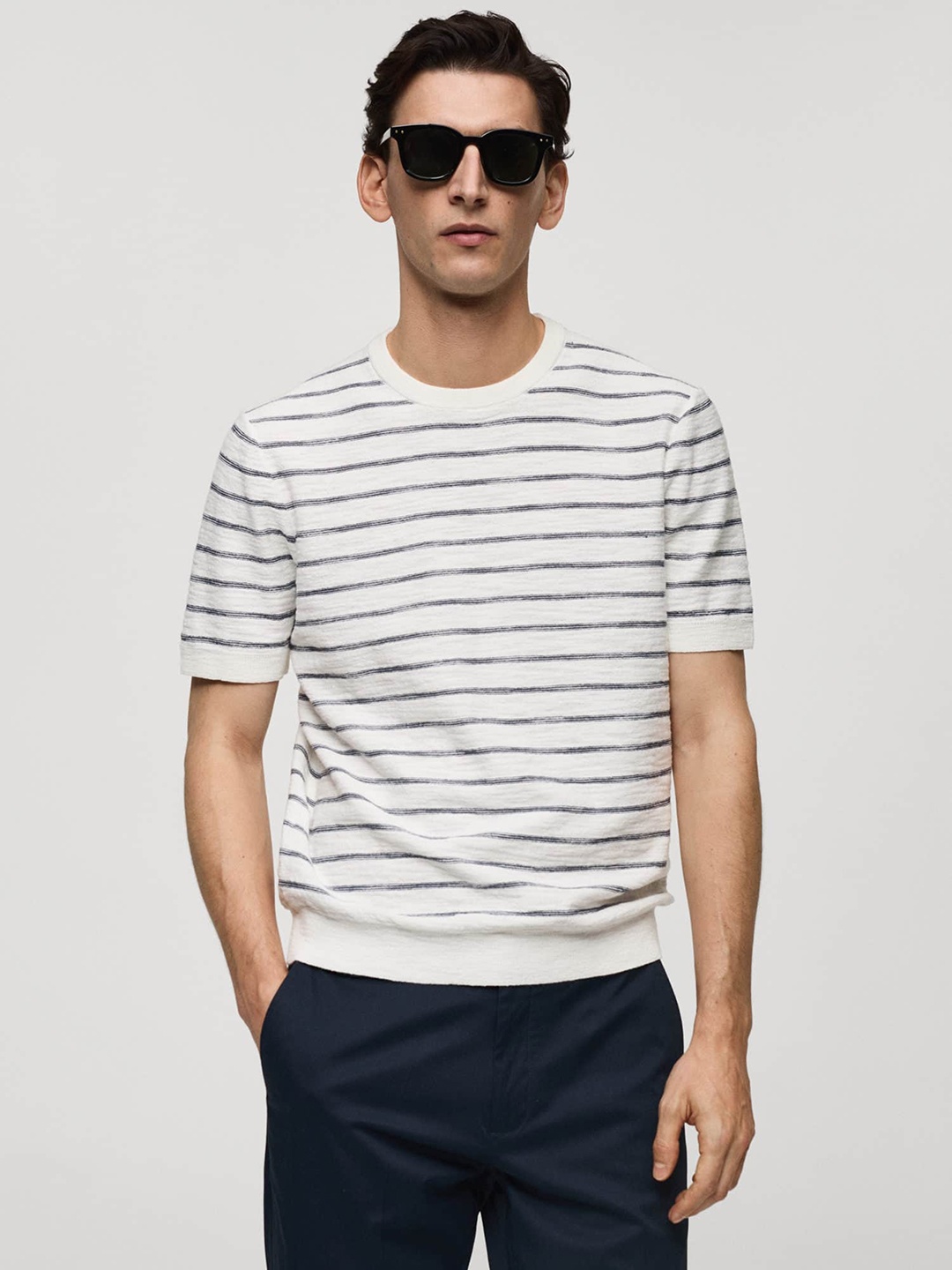

MANGO MAN Striped Knit T-shirt, White