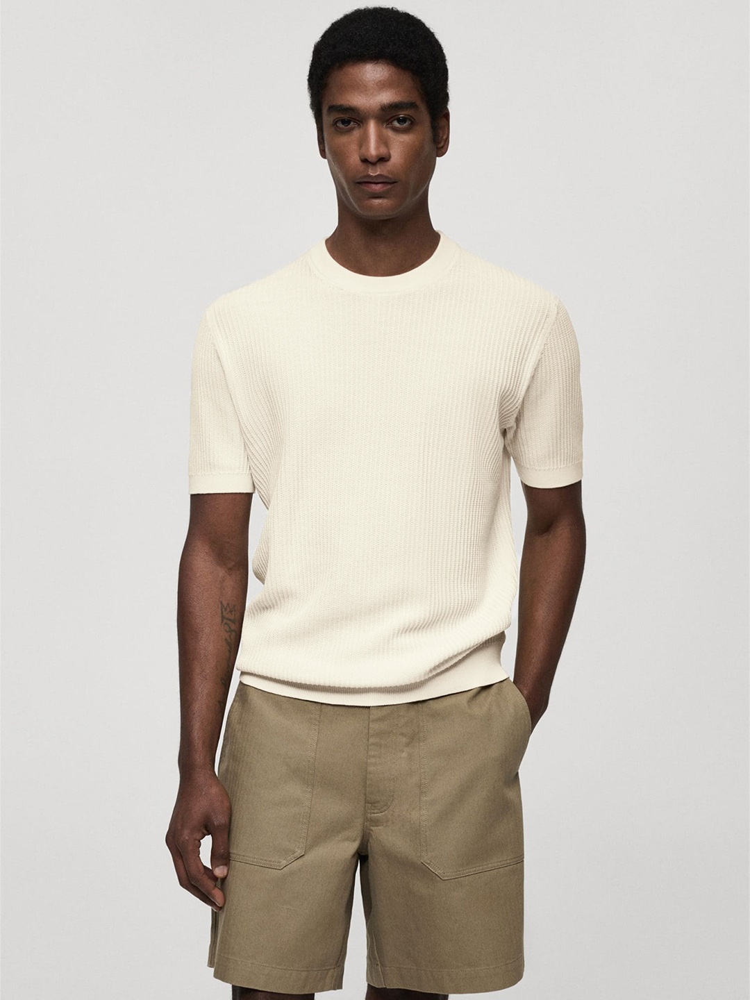 

MANGO MAN Self-Striped Pure Cotton Round Neck T-shirt, Cream