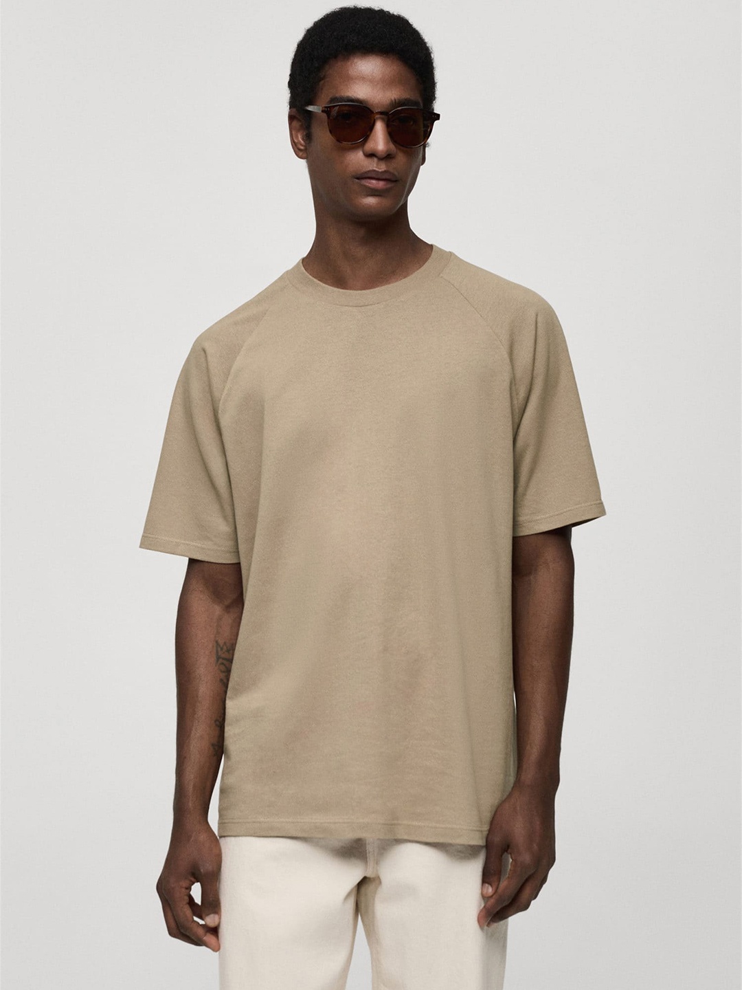 

MANGO MAN Raglan Sleeves Longline T-shirt, Taupe