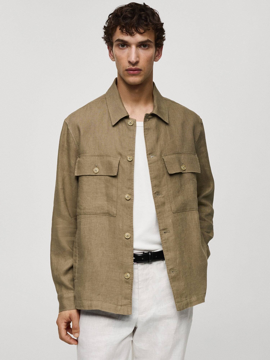 

MANGO MAN Linen Casual Shirt, Brown