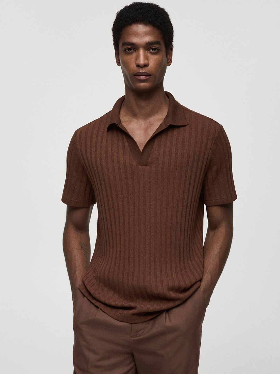 

MANGO MAN Ribbed Polo Collar T-shirt, Brown