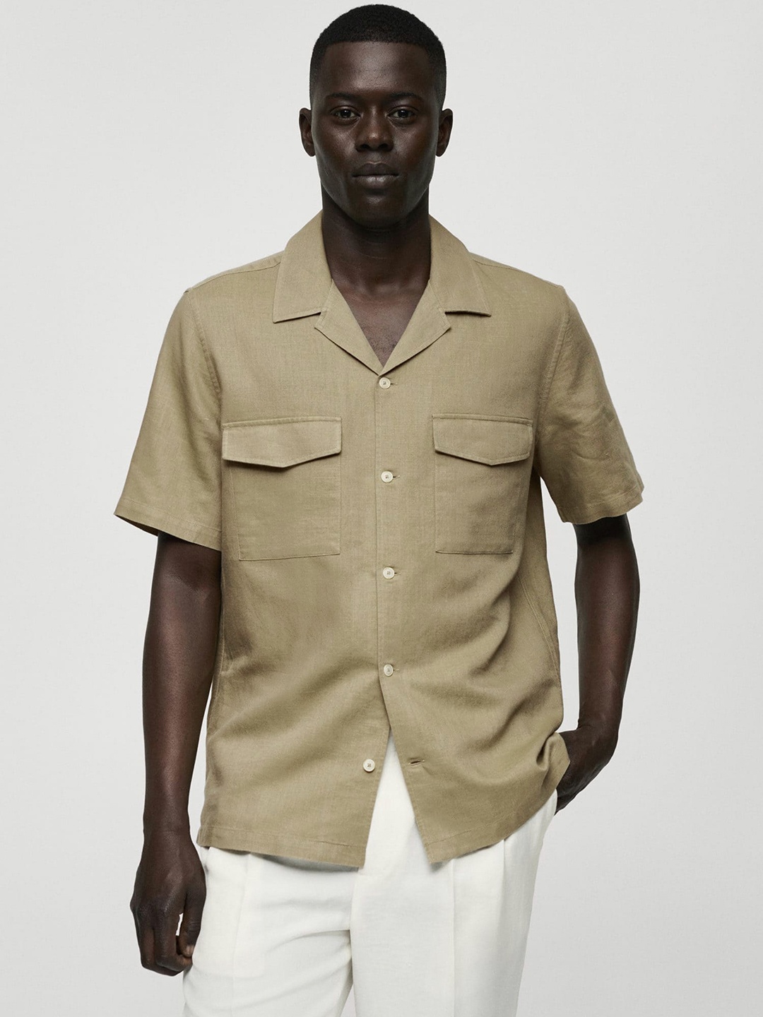 

MANGO MAN Cuban Collar Regular Fit Shirt, Khaki