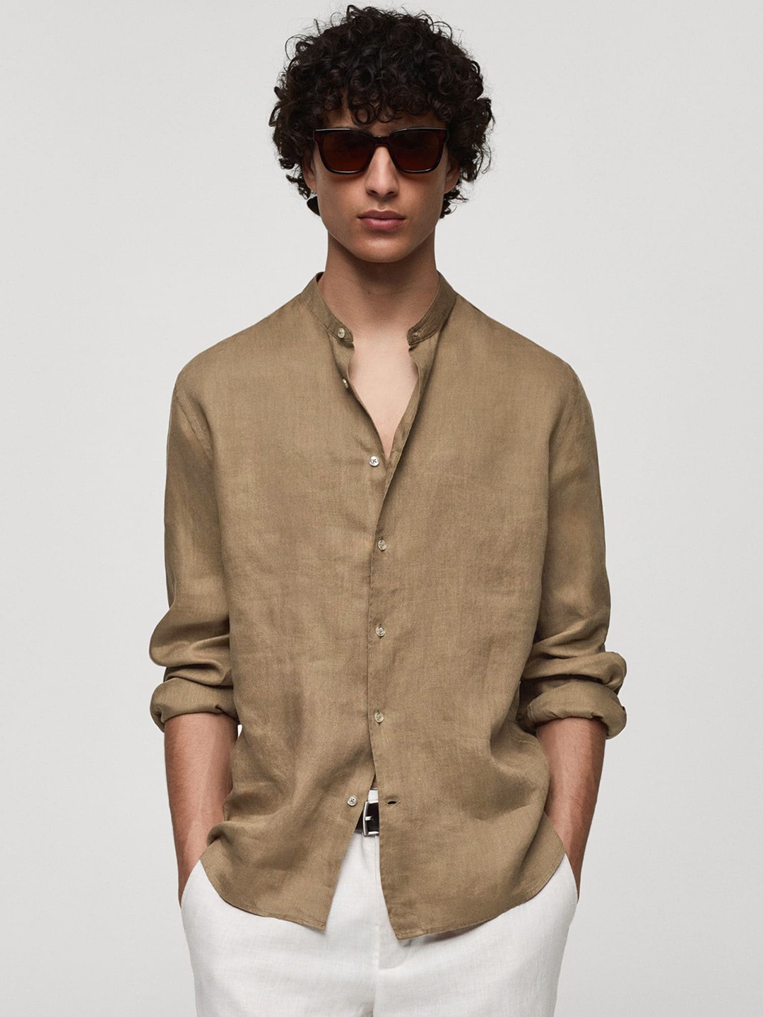 

MANGO MAN Band Collar Linen Shirt, Brown