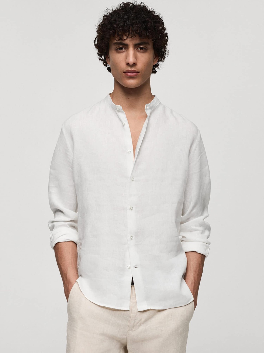 

MANGO MAN Linen Mandarin Collar Casual Shirt, White