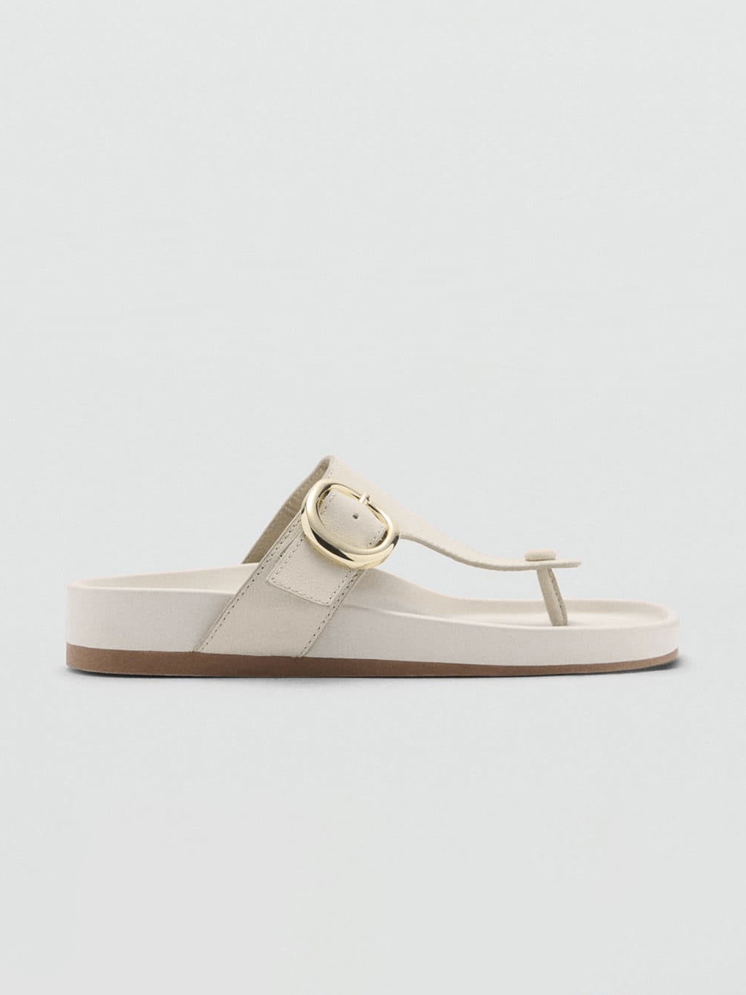 

MANGO Women Leather T-Strap Flats with Buckle Detail, Off white