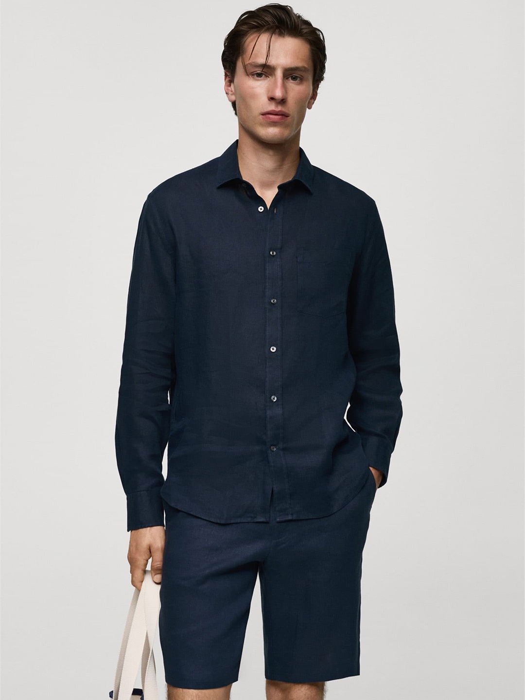 

MANGO MAN Classic Fit Linen Shirt, Navy blue