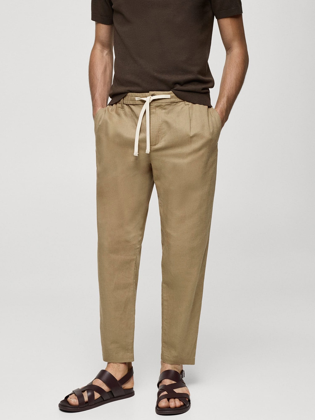 

MANGO MAN Linen Cotton Slim Fit Trousers, Khaki
