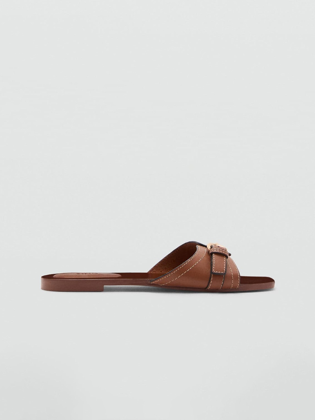 

MANGO Women Open Toe Leather Flats with Buckle Detail, Brown
