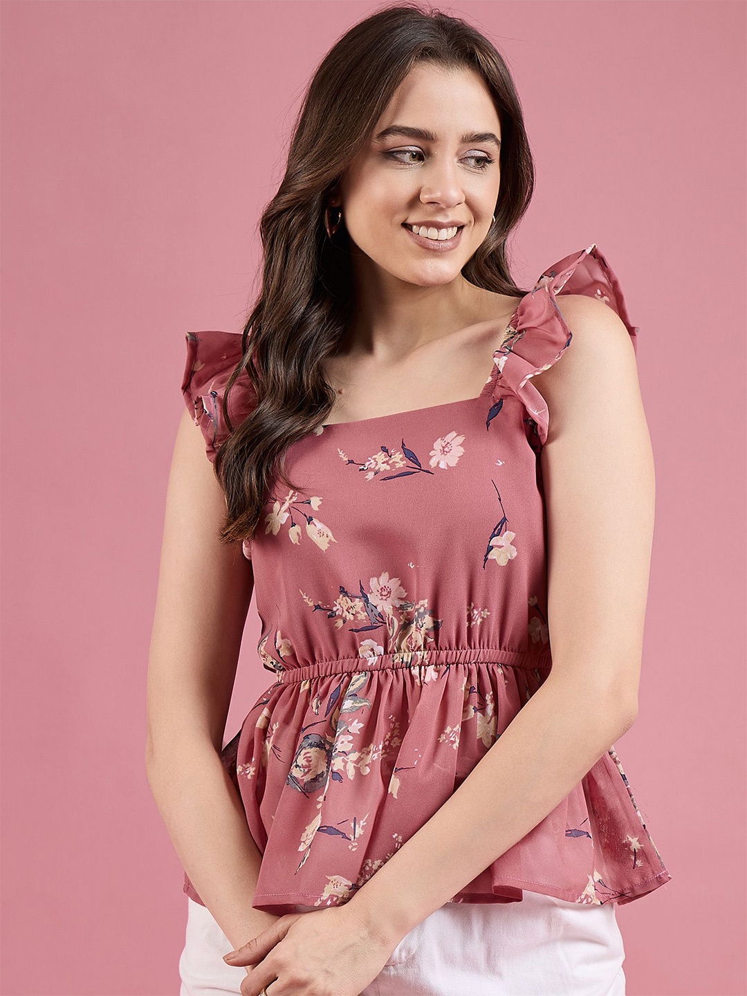 DressBerry Floral Printed Gathered Square Neck Peplum Top, Mauve