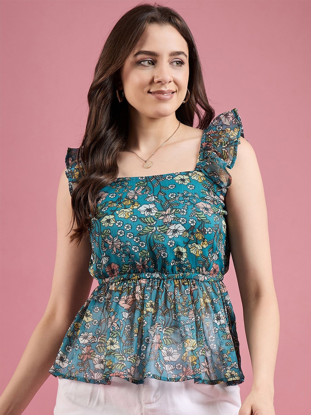 

DressBerry Floral Printed Gathered Square Neck Peplum Top, Turquoise blue