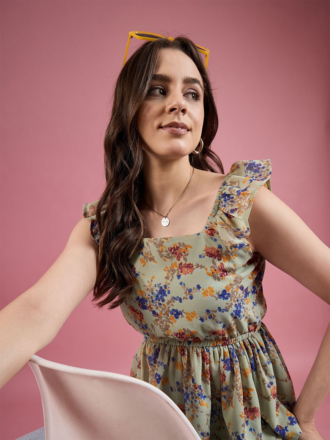 

DressBerry Floral Printed Gathered Square Neck Peplum Top, Green