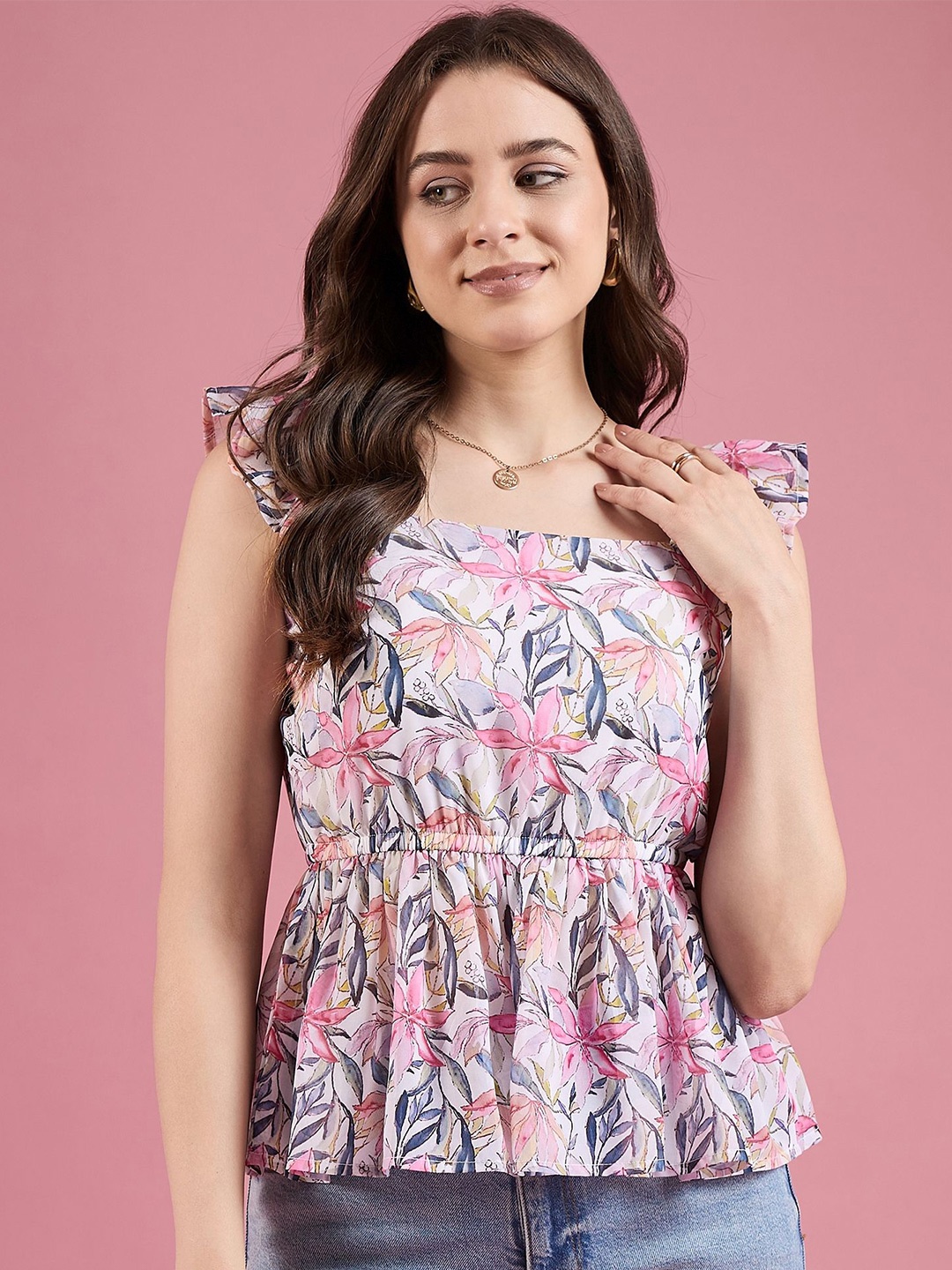 DressBerry Floral Printed Gathered Square Neck Peplum Top, White